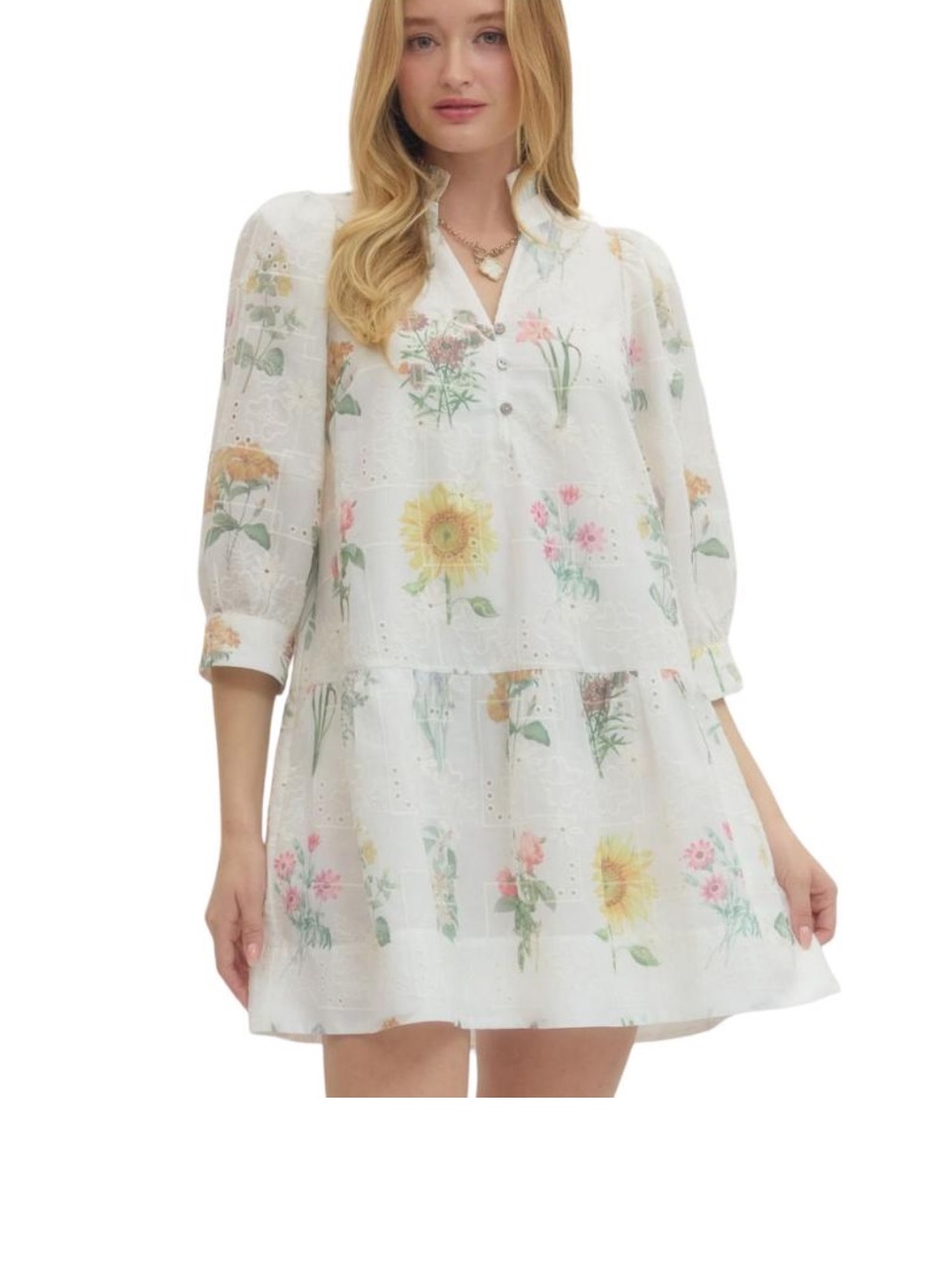 NEW Boho Cottage White Floral Button-V Neck Pastel Floral Sunflower Dress